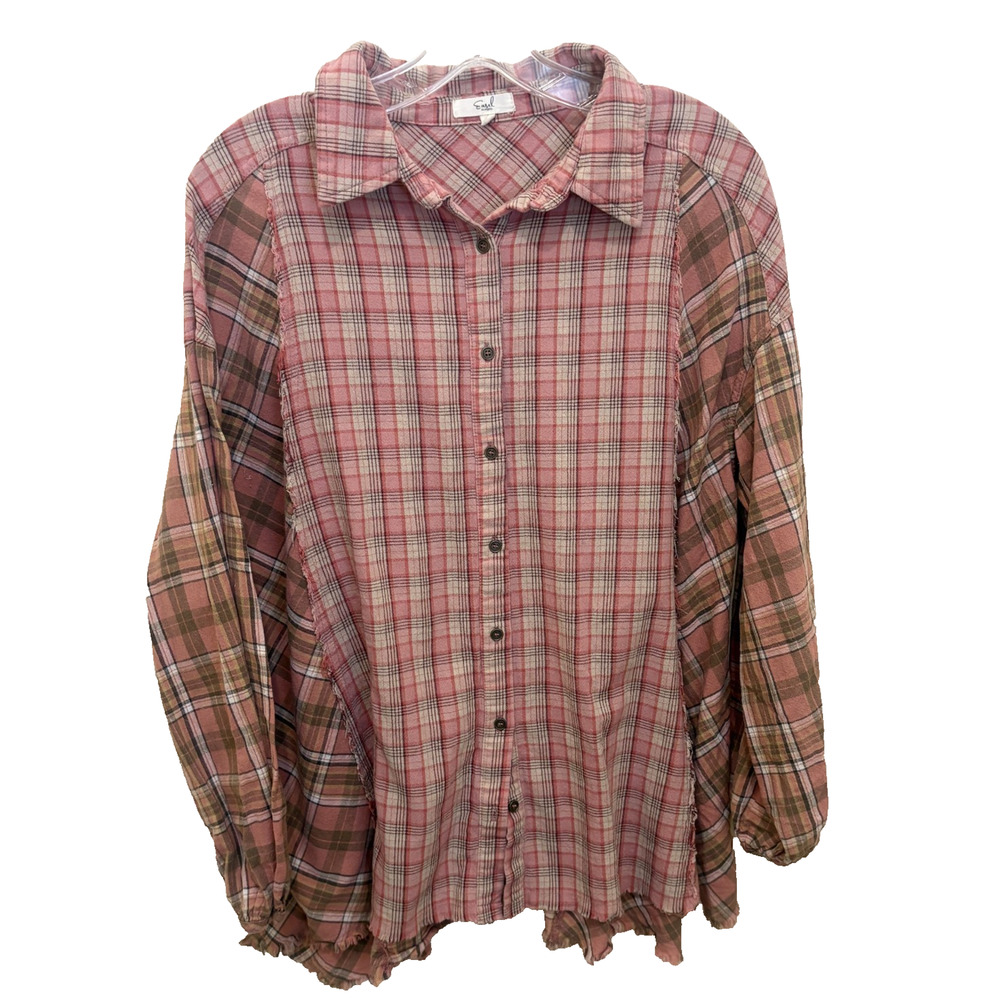 Easel Button Up Plaid Shirt Frayed Bottom Size Small